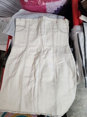 Women's Cream Strapless Denim Dress with Contrast Stitching